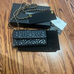 Chanel Black Lambskin  Camellia Flap Wallet on a chain woc bag handbag  purse